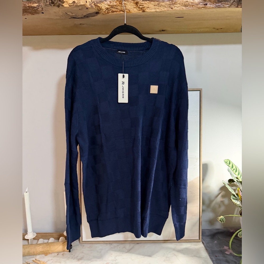 NWT JMIERR Men’s Navy Checkered Knit Heavyweight Cotton Pullover Sweater